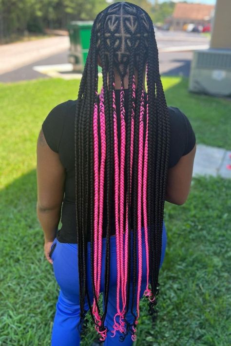 24. Hip Length Black And Pink Heart Parted Knotless Braids: Bold and Playful! Hip Length Black and Pink Heart Parted Knotless Braids. Celebrate individuality and creativity with this bold style. #BoldBraids #CreativeLook Heart Knotless, Heart Part Knotless Braids, Heart Knotless Braids, Pink And Black Knotless Braids, Heart Braid, Blonde Streaks, Bath And Body Care, Hip Length, Bold Fashion