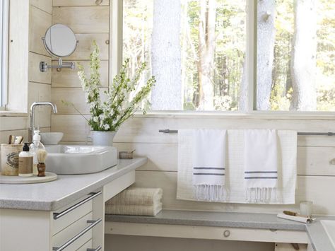 Room Gallery: Bright Bathrooms Paneled Bathroom, Baños Shabby Chic, Paneled Walls, Corian Countertops, Bright Bathroom, Cottage Bathroom, Shabby Chic Bathroom, Guest Bathrooms, Chic Bathrooms