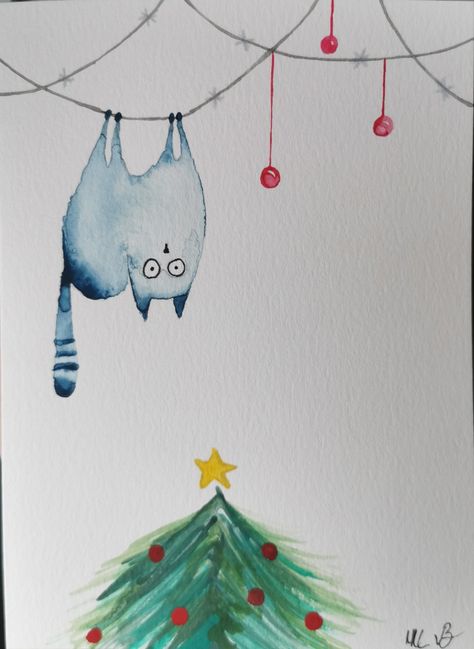 Christmas Cat Watercolor, Watercolor Art Christmas, Maus Illustration, Watercolor Christmas Cards Diy, Cat Christmas Cards, Christmas Stock Photos, Watercolor Birthday Cards, Hand Painted Mugs, Christmas Card Art