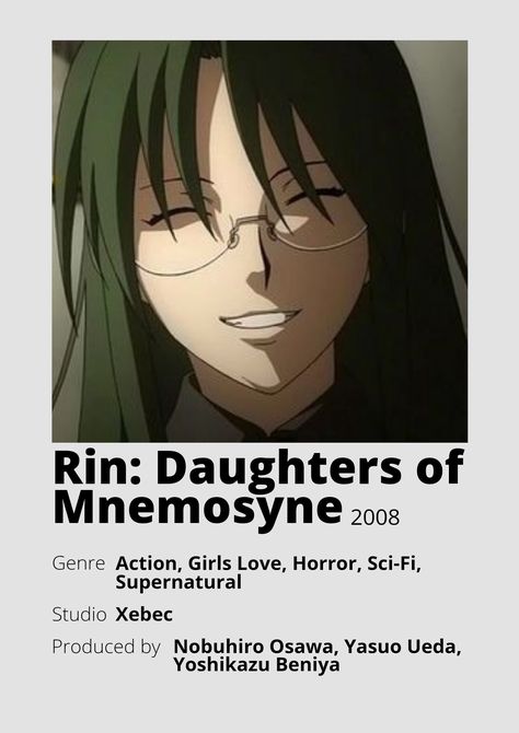 Rin:Daughters of Mnemosyne Anime Minimalist poster 😊 Information taken from myanimelist.net and wikipedia.org Rin Daughters Of Mnemosyne Anime, Mnemosyne Anime, Poster Information, Anime Minimalist Poster, Random Art, Beautiful Places Nature, Minimalist Poster, Supernatural, Manga Anime