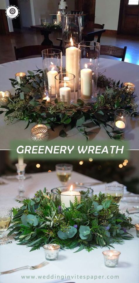 100+ Most Charming Greenery Centerpiece Ideas Winter Greens Centerpiece, Wreath With Candle Centerpiece, Greenery Wreath Centerpiece, Christmas Wreath Centerpiece Wedding, Wreath Table Centerpiece, Winter Greenery Centerpiece, Evergreen Table Centerpieces, Simple Winter Table Centerpieces, Winter Candle Centerpieces