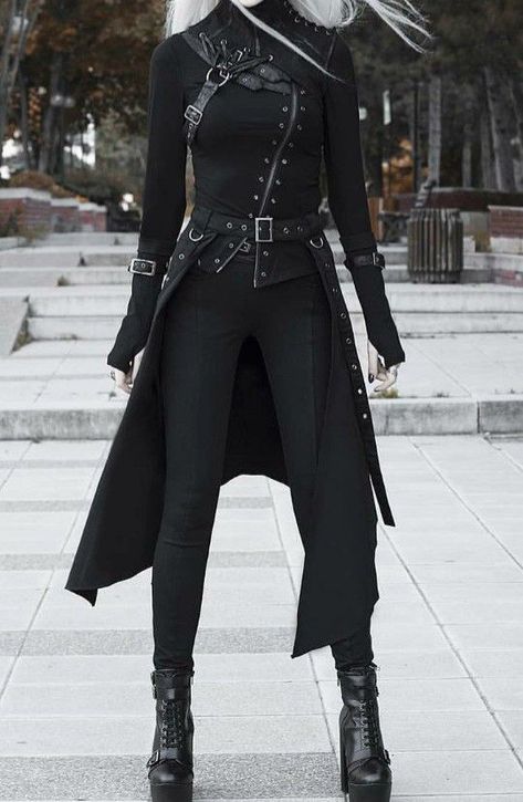 Fantasy Spy Outfit, Gothic Suit Aesthetic, Assassin Suit Female, Female Gothic Outfits, Black Battle Outfit, Vampire Hunter Outfit Female Modern, Black Villian Outfit, Black And White Fantasy Outfit, Rogue Aesthetic Clothes