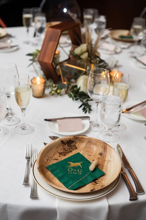 Boho Florida Wedding Reception Decor with Wooden and Greenery Centerpieces with Bamboo Plates and Personalized Dog Monogram Napkins Wedding Bamboo Plates, Bamboo Plates Wedding Table Settings, Disposable Wedding Table Settings, Disposable Plates Wedding, Bamboo Plates Wedding, Palm Leaf Plates Wedding, Disposable Wedding Plates, Greenery Centerpieces, Florida Wedding Reception