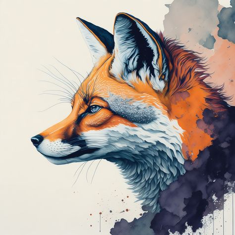 A digital art creation of a realistic side view watercolor fox design with paint splash Fox Side View, Realistic Watercolor, Fox Design, Paint Splash, Side View, Top Artists, Science Poster, Accessories Design, Stranger Things Fanart