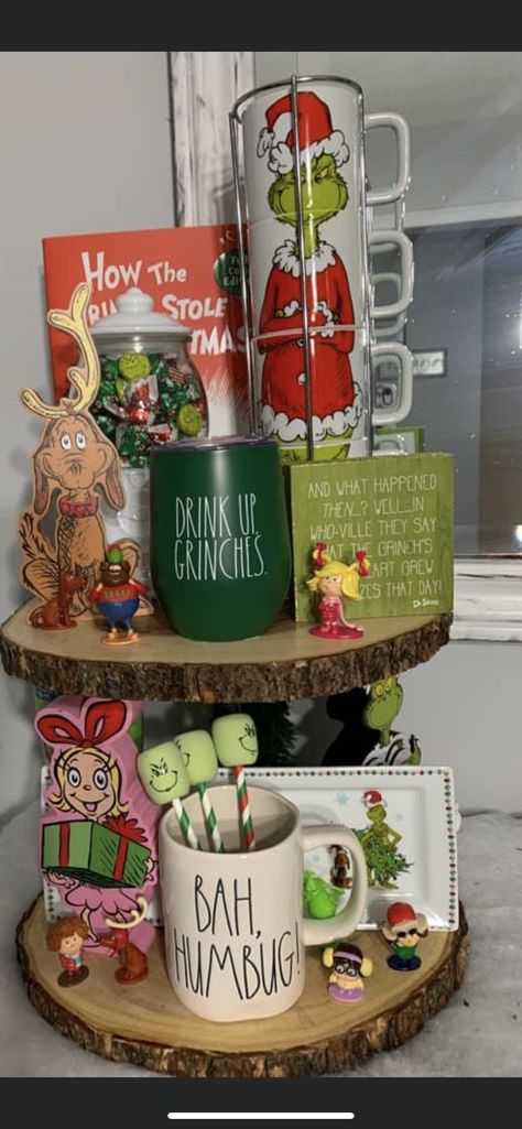 Grinch Tiered Tray Decor, Grinch Cocoa Bar, Grinch Coffee Bar, Grinch Tiered Tray, Grinchmas Party, Grinch Birthday, Grinch Ideas, Christmas Chronicles, Grinch Decor