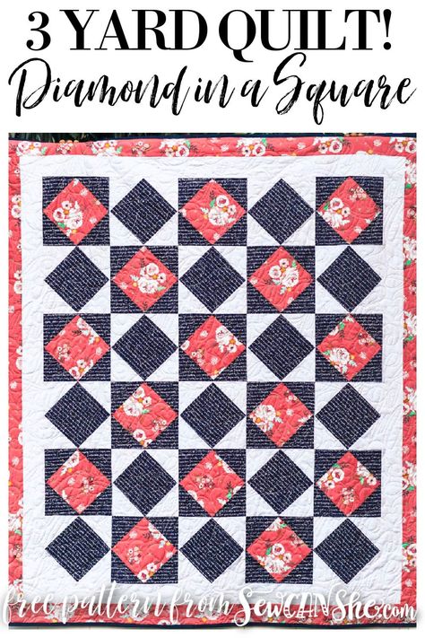 Diamond In A Square: 3 Yard Quilt Pattern Basic Square Quilt Pattern, Quilts With Large Blocks, 3 Yard Quilt Patterns Free, Cream Quilt, Quick Quilts, Sewing Easy, Flag Quilt, Jelly Roll Quilt Patterns, Quick Quilt