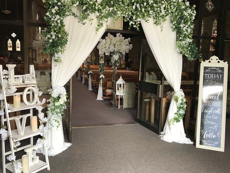 Wedding Foyer Decoration Entrance, Church Entrance Decor, Ceremony Entrance Decor, Wedding Foyer, Small Church Weddings, Entrance Door Decor, Wedding Ceremony Decorations Church, Wedding Church Decor, Wedding Hall Decorations