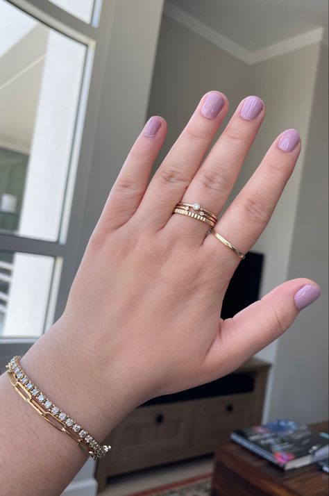 Hand wearing gold rings and bracelets Mejuri Ring Stack, Yellow Gold Ring Stack, Mejuri Rings, Fat Fingers, Ring Stack, Hand Ring, Gold Ring Stack, Jewelry Lookbook, Purple Nails