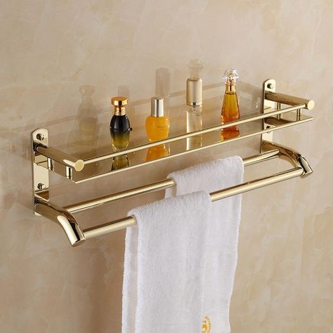 Buy Golden Rack at the lowest price in Canada. Check reviews and buy Golden Rack today. Bathroom Ideas Silver, Small Full Bathroom Ideas, Double Towel Rack, Bathroom Shower Shelf, Bathroom Towel Shelf, Kitchen Caddy, Luxe Bathroom, Shower Rack, Modern Bathroom Tile