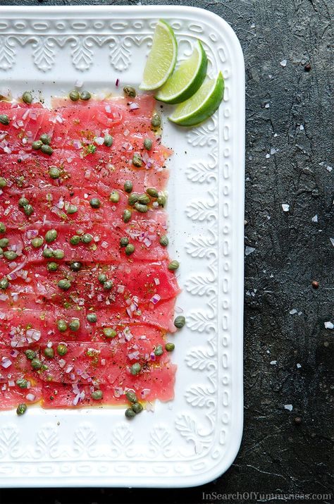 Tuna Sashimi Appetizer, Raw Tuna Recipes, Tuna Carpaccio Recipe, Raw Tuna Recipe, Fish Carpaccio, Tuna Carpaccio, Carpaccio Recipe, Raw Tuna, Tuna Recipes