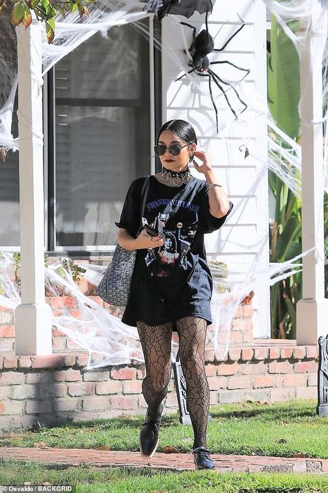 Step out in style like Vanessa in Stella McCartney #DailyMail Halloween Horror Nights Outfit, Halloween Inspired Outfits, Estilo Vanessa Hudgens, Casual Halloween Outfits, Halloween Fashion Outfits, Halloween Tights, Vanessa Hudgens Style, October Outfits, Morticia Addams