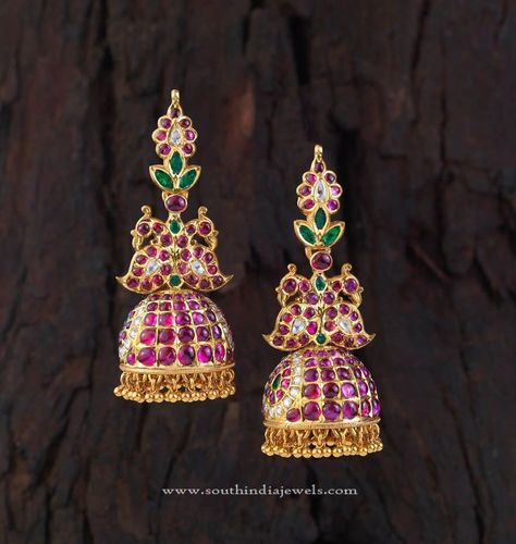 Gold Antique Jhumka Designs, Gold Kemp Jhumka Models, 22K Gold Ruby Kemp Jhumka Designs. Kemp Jhumkas, Bridal Jhumkas, Pretty Trinkets, Kundan Jhumka, Exclusive Earrings, Gold Jhumkas, Oatmeal Diet, 22k Gold Earrings, Jewel Design