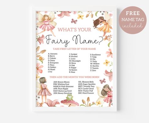 What Is Your Fairy Name Game, Fairy Pary Game What Is Your Fairy Name, Fairy First Birthday Party Games, Fairy Garden Sleepover, Fairy Name Generator, Your Fairy Name, Fairy Name, 1st Birthday Games, Fairy Tea Party, Fairy Printable