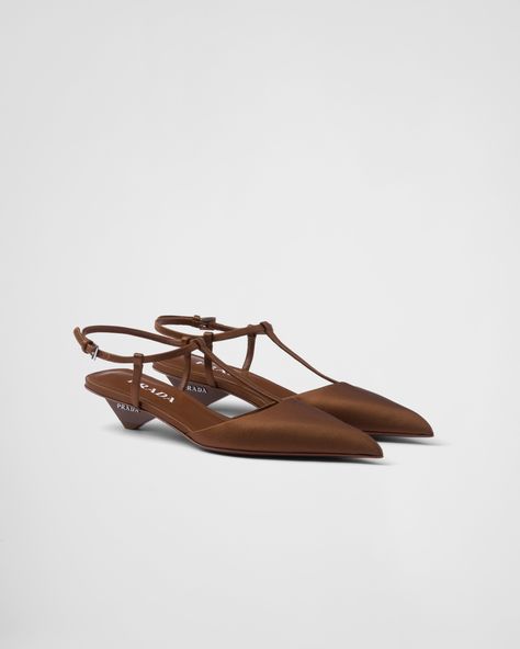 Tobacco Satin Slingback Pumps | PRADA Brown Pumps, Brown Accessories, Diy Bags Patterns, Shoes Prada, Satin Pumps, Prada Leather, Brown Heels, Prada Shoes, Brown Shoe