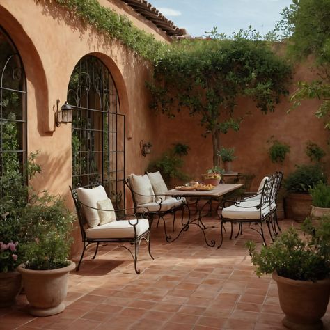 ⚠️LINK IN BIO⚠️ An inviting Mediterranean-inspired outdoor patio with terracotta tiles, elegant wrought-iron furniture, and vibrant greenery. #OutdoorPatio #Mediterranean #Terracotta #WroughtIron #Greenery Mediterranean Walled Garden, Terracotta Outdoor Patio, Mediterranean Garden Tiles, Mediterranean Style Patio, Lightwell Garden, Italian Outdoor Patio, Hacienda Backyard, Courtyard Furniture Ideas, Terracotta Terrace