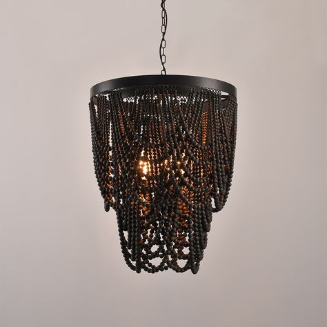 Black Beaded Chandelier, Farmhouse Dark, Wooden Bead Chandelier, Bead Chandelier, Boho Chandelier, Wood Bead Chandelier, Orb Chandelier, 3 Light Chandelier, Candle Style Chandelier