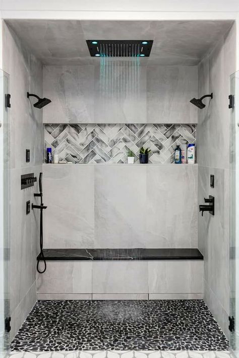 Dark Floor Shower Ideas, Master Bath Shower Niche, Small Bathroom Ideas Remodel Walk In Shower Layout Master Bath, Shower Ideas Bathroom Master Baths Modern Farmhouse, Large Shower Niche Ideas, Modern Rustic Bathroom Ideas Master Bath Shower Tiles, Walk In Shower Designs Tile, Master Bath Remodel Ideas 2023, Tiled Shower Ideas Walk In