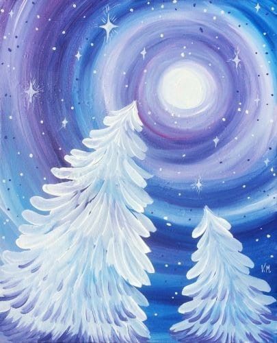 Christmas tree nature Winter Art Lesson, Winter Art Projects, Paint Nite, 강아지 그림, Soyut Sanat Tabloları, Winter Painting, Christmas Canvas, Night Painting, Winter Art