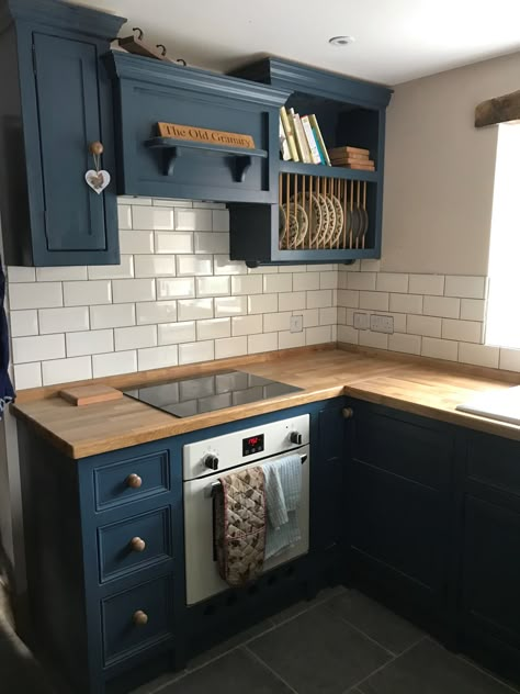 Wooden Counter Tops, White Wood Kitchens, Blue Kitchen Cabinets, Freestanding Kitchen, Wooden Counter, Kitchen Cabinets Decor, Blue Cabinets, Blue Kitchen, Blue Kitchens