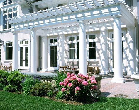 Entrance Pergola Entryway, Back Porch Pergola Ideas, Pergola With Columns, Pergola Over Deck Attached To House, Colonial Pergola, White Pergola Attached To House, Pergola Over Deck, Traditional Pergola, Custom Pergola