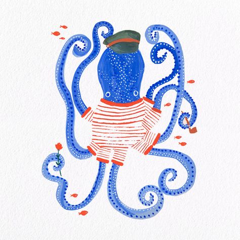 Octopus Illustration Cute, Octopus Illustration Graphic Design, Cute Octopus Illustration, Octopus Drawing Cute, Illustration Octopus, Octopus Watercolor Painting, Octopus Poster, Nautical Illustration, Watercolor Octopus