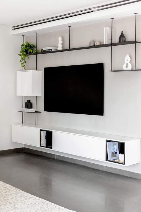 Stone Shelf Under Tv, Modular Shelving With Tv, Living Room Inspiration Boho, Tv Unit With Storage Modern Wall Shelves, Tv Unit With Book Shelf Modern, Tv Unit With Book Self, Bedroom Design Cozy, Shelving Unit Decor, Room Inspiration Boho