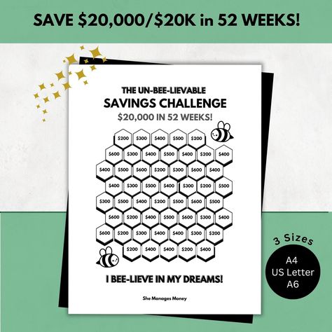 20,000 in 52 Weeks Savings Challenge  | Save 20 000 in 1 Year Challenge | 20K Savings Tracker | Fit A4, A6, US Letter Budget Planner Save Money Weekly, 50k Savings, 20k Savings, 52 Weeks Challenge, Year Challenge, Savings Challenge Printable, Spar Challenge, Savings Goals, Free Quiz