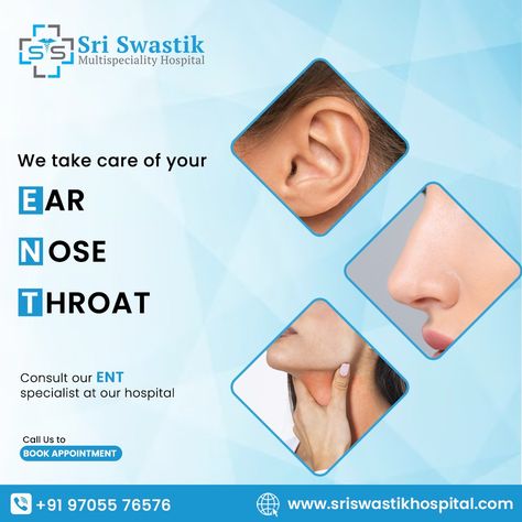 We take care of your Ear, Nose & Throat. Consult ENT specialist at our hospital. For more information: Call us : 9705576576 #sriswastikmultispecialityhospital #hospital #Bachupally #besthospital #besthospitalinbachupally Ear Nose Throat Clinic Design, Ent Specialist, Ear Nose Throat, Diagnostic Centre, Ent Doctor, Hospital Logo, Guru Purnima, Furniture Ads, Care Hospital