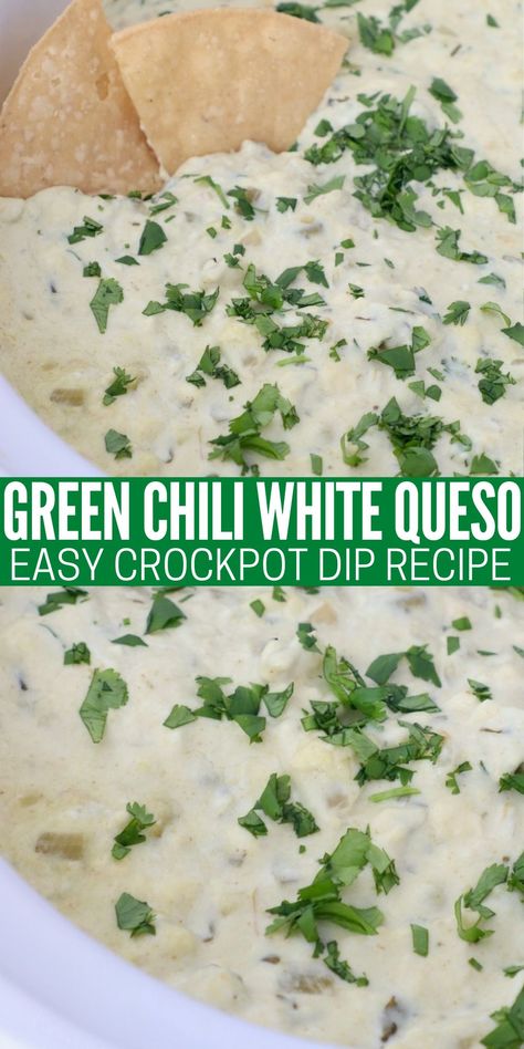 Make the best queso blanco in a slow cooker with green chilies, avocado, cilantro, pepper jack and cream cheese! This green chili queso dip is the perfect side dish for taco night, a delicious party snack or game day appetizer! It only takes 10 minutes to prep and an hour in the slow cooker to make this easy queso recipe! Easy Queso Recipe, Green Chili Queso, Easy Crockpot Dips, Cheese Jalapeno Dip, Chili Cheese Dip Crockpot, Chili Queso Dip, Chili Queso, Queso Dip Crockpot, The Best Queso