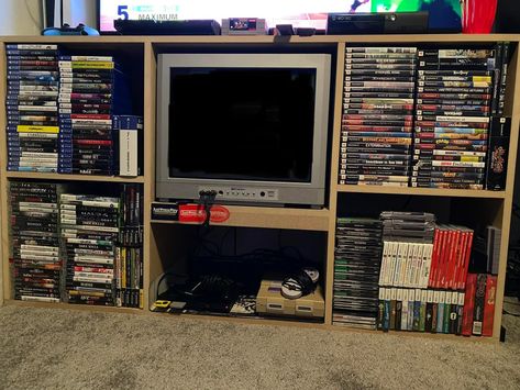 2000s Living Room, 00s Bedroom, Custom Tv Stand, Video Game Organization, Tv Set Up, Dad Aesthetic, Games Room Inspiration, 80s Room, Kirsten Vangsness