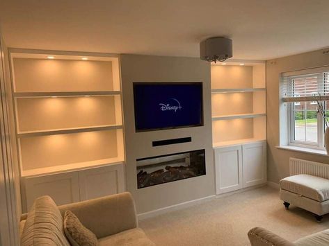 Living Room Built In Units, Tv Wall Unit Designs, Long Living Room Layout, Gas Fireplace Ideas Living Rooms, Tv Wall Design Ideas, Wall Units With Fireplace, Alcove Ideas Living Room, Living Room Layouts, Lounge Room Styling