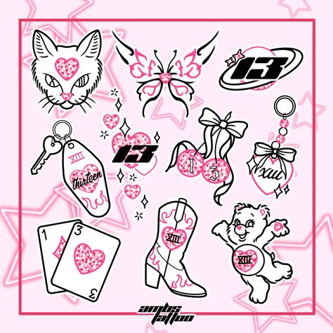 cat, tribal butterfly, Y2K font, motel key, hearts, cherries, keychain, playing cards, cowboy boot, care bear pink glitter tattoo flash designs for women Y2K aesthetic hearts cute tattoos ideas friday the 13th thirteenth flash sheet idea inspiration Motel Key Tattoo, Girly Traditional Tattoo Flash, Hot Pink Tattoo, Rave Tattoo Ideas, Heart Flash Tattoo, 90s Flash Tattoo, Cute Tattoos Ideas, Glitter Tattoo Ideas, Brats Tattoo