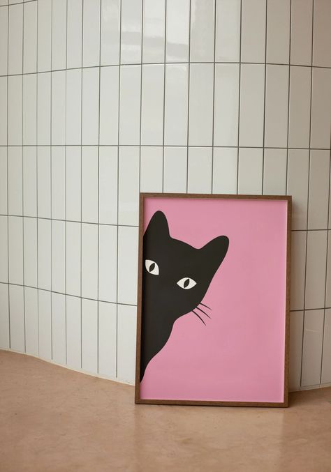 Black Cat Poster, Funny Cat Digital Print, Room Pink Decor, Teen Apartment Decor, Preppy Poster, Trendy Print, Pink Poster, Retro Girl Print - Etsy Israel Pink Cat Painting, Trendy Canvas Painting Ideas, Funny Cat Paintings, Teen Apartment, Black Cat Poster, Black Cat Painting, Poster Cat, Xo Design, Cat Digital