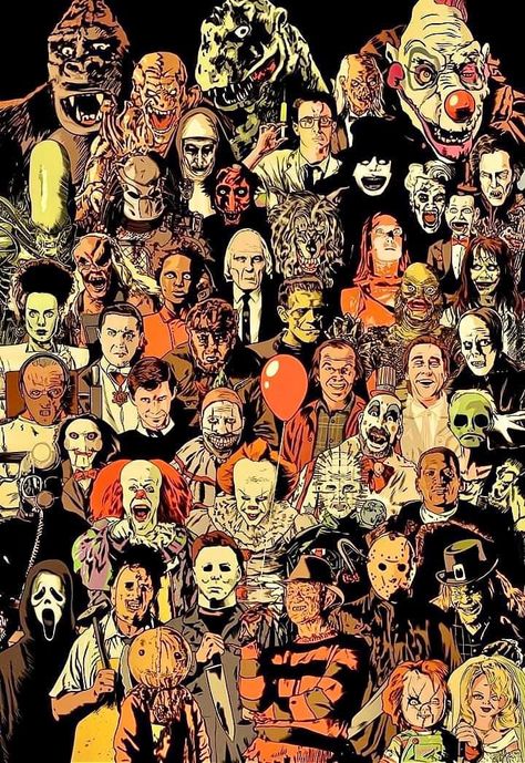 Horror Movies Poster, Movie Character Wallpaper, Helloween Wallpaper, Movie Collage, Horror Cartoon, Halloween Wallpaper Backgrounds, Halloween Wallpaper Cute, Scary Movie Characters, Scary Wallpaper