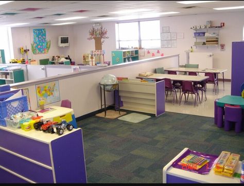 I love the organization and the color scheme but I think the rooms need to be separated completely with walls Daycare Services, Child Care Center Design, Preschool Classroom Layout, Preschool Classroom Organization, Adventure Classroom, Preschool Classroom Themes, Daycare Rooms, Early Childhood Program, Dream Classroom