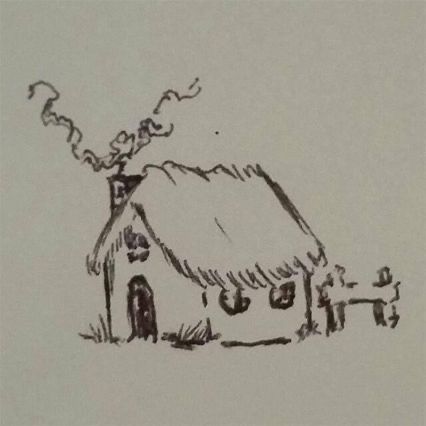 Cozy Drawing Easy, House Sketch Simple, Cottage Drawing Simple, Cute Cottage Drawing, Hut Sketch, Cozy Sketch, Simple House Sketch, Small House Drawing, Hut Drawing