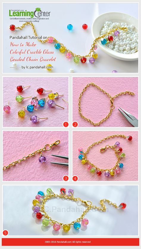 Pandahall Tutorial on How to Make Colorful Crackle Glass Beaded Chain Bracelet Beaded Chain Bracelet, Panda Hall, Barbie Jewelry, Handmade Crystal Jewelry, Pola Gelang, Diy Bracelet Designs, Gelang Manik, Doll Jewelry, Crackle Glass