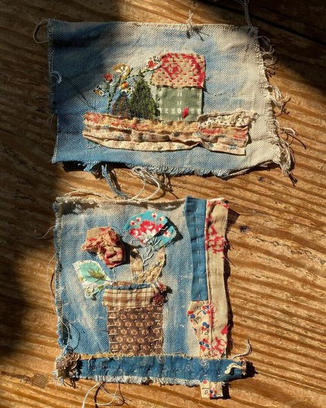 Scrap Quilting Ideas, Slow Stitch Christmas Ornaments, Fabric Collage Ideas, Fabric Art Collage, Fabric Art Tutorials, Recycled Fabric Art, Sewing With Scraps, House Wren, Scrap Fabric Ideas