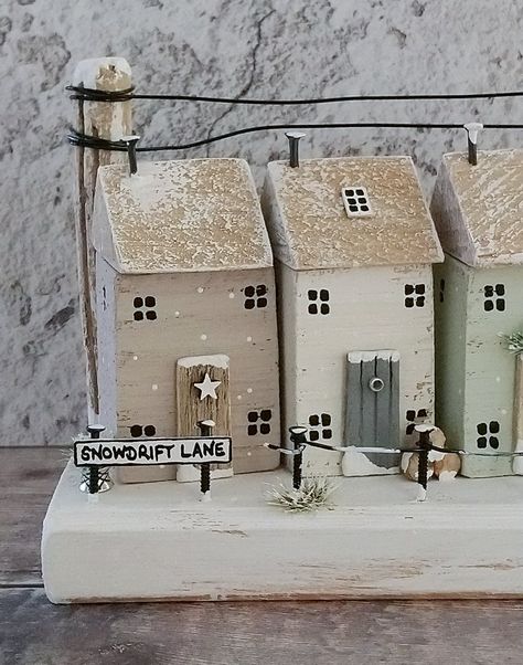 Snowdrift Lane | DriftwoodSails Scrap Wood Crafts, Driftwood Art Diy, Small Wooden House, Wood Block Crafts, Driftwood Projects, Clay Houses, Winter Street, Cardboard House, Driftwood Crafts