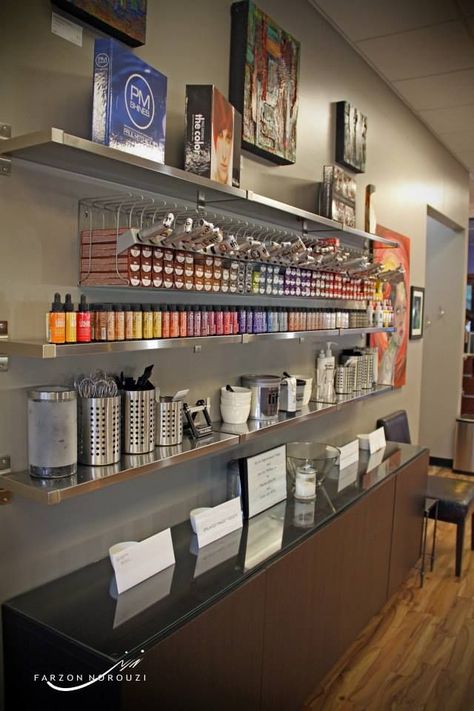 Salon Dispensary Ideas, Color Bar Salon Ideas, Dispensary Ideas, Salon Color Bar, Small Salon, Salon Design Ideas, Home Hair Salons, Hair Salon Design, Hair Salon Interior