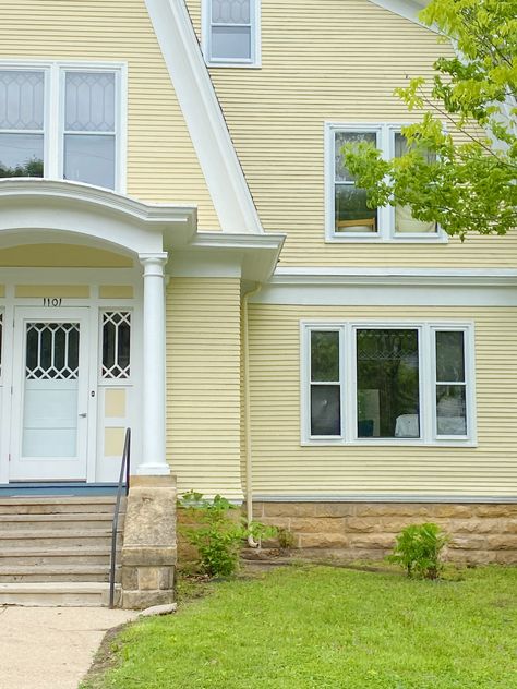 Light Yellow Exterior House Colors, Light Yellow House, Yellow Exterior House Colors, Yellow House Exterior, Brown House, Yellow House, Yellow Houses, Exterior Ideas, House Paint Exterior