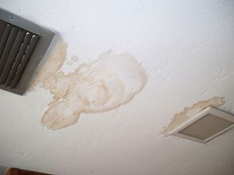 Water spots on ceilings and walls aren’t just unsightly–they can be a symptom of a much bigger problem that needs attention. Once you’ve tracked down and fixed the source, you can work on the cosmetics.  For painted wood or trim, remove the peeling paint, sand and apply two coats of enamel.  For isolated spots on drywall, wash the area with detergent but don’t soak it.  Apply a stain-blocker or sealer to keep the stain from bleeding through when you re-paint. Water Stains On Ceiling, Water Stain On Ceiling, Water Damaged Ceiling, Ceiling Repair, Bob Villa, Roof Leak, Roof Leak Repair, Remove Water Stains, Mold In Bathroom