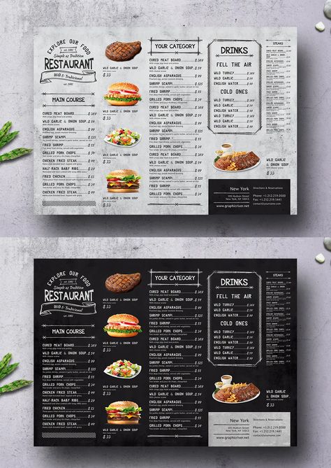 Single Page A3 Menu Template PSD - Easy to customize & change photo via smart object Menu Vintage, Menu Sans Gluten, Cafe Menu Design, Light Drinks, Burger Menu, Food Menu Template, Menu Inspiration, Menu Printing, Vintage Menu