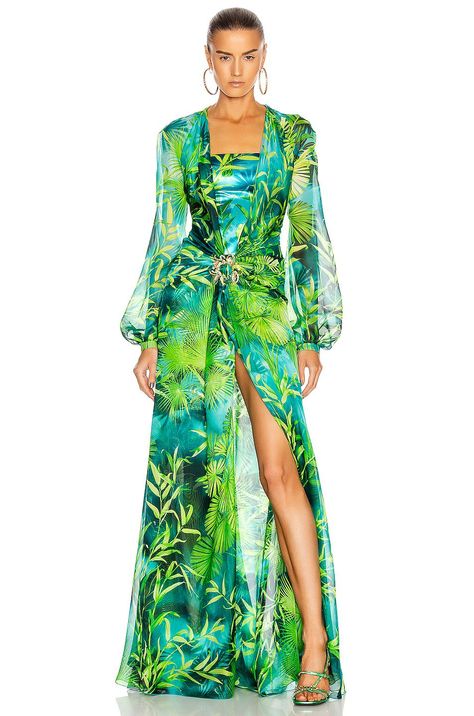 Green Versace Dress, Printed Long Gowns, Tropical Glam, Mehndi Outfits, Versace Dress, Tropical Dress, Silk Gown, Mothers Dresses, Night Out Dress