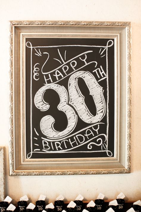 I've always had grandiose ideas about my own upcoming future 30th birthday party. Perhaps we'll rent a villa in tuscany or go skydiving over the great barrier reef! And as said day approaches, I'm feeling more and more inclined to pull 30th Birthday Sign, 30th Bday Party, Chalkboard Doodles, Chalkboard Birthday, 30th Party, 30th Birthday Party, 30th Bday, Chalkboard Designs, Black Gold Jewelry