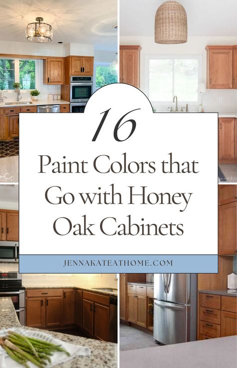 Looking for paint colors that go with honey oak? Whether it's for trim, wood, or cabinets, here are the best paint colors to go with honey oak cabinets. If you're updating an oak kitchen, discover what color to paint kitchen walls with honey oak cabinets and find the perfect wall paint colors to complement oak cabinets in your home. Update Kitchen With Oak Cabinets, Paint Kitchen Walls, Painting Honey Oak Cabinets, Oak Kitchen Cabinets Wall Color, Updating Oak Cabinets, Best Greige Paint Color, Honey Oak Trim, Best Wall Colors, Modern Paint Colors