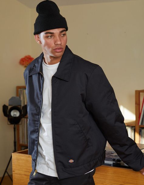 Dickies Outfits Men Street, Black Dickies Outfit, Carhartt Outfit Men, Dickies Outfits Men, Harrington Jacket Men, Dickies Outfit, Aesthetic Guy Outfits, Eisenhower Jacket, Mens Black Jacket