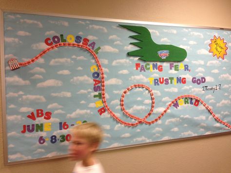 VBS Colossal Coaster World bulletin board Roller Coaster Bulletin Board, Board Ideas For Preschool, Bulletin Board Ideas For Preschool, World Bulletin Board, 2023 Classroom, Vbs Ideas, Bulletin Board Ideas, Church Bulletin, School Theme