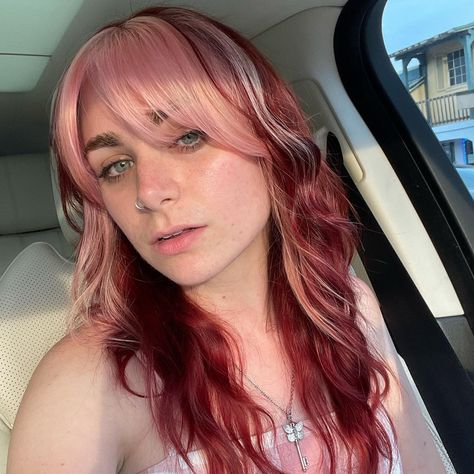 Dark Red And Light Pink Hair, Red Into Pink Hair, Red And Light Red Hair, Blonde Cherry Hair, Mixed Pink Hair, Blond And Pink Split Dye, Dyed Hair Sections, Grown Out Split Dye, Cherry Hair Blonde Highlights