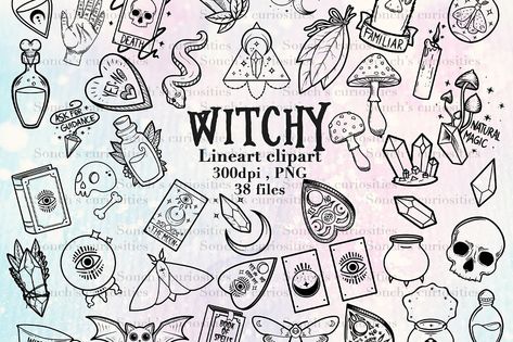 Witch Flash Tattoo, Witch Lineart, Horror Doodles, Gothic Flash Tattoo, Gothic Doodles, Witchy Doodles, Flash Art Tattoos, Gothic Elements, Witch Clipart